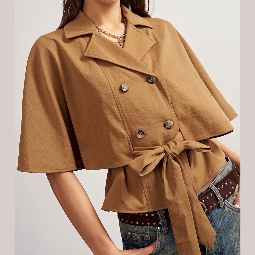 Camel Brown Cropped Cape Trench Jacket with Tie Waist